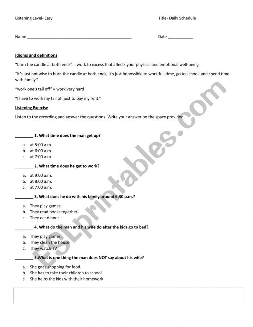 Daily Schedule- Listening activity - ESL worksheet by luckylolo