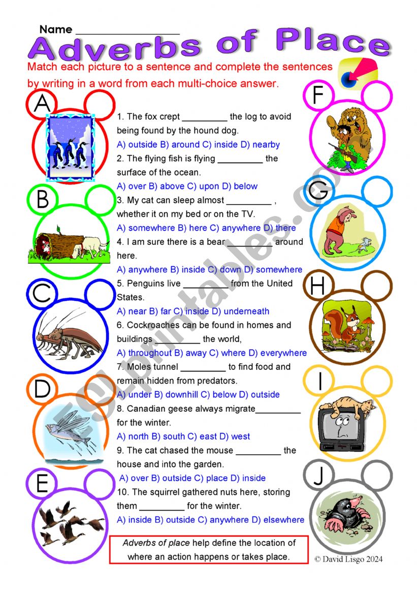 Adverbs of Place 2: multi-choice worksheet with answer keys