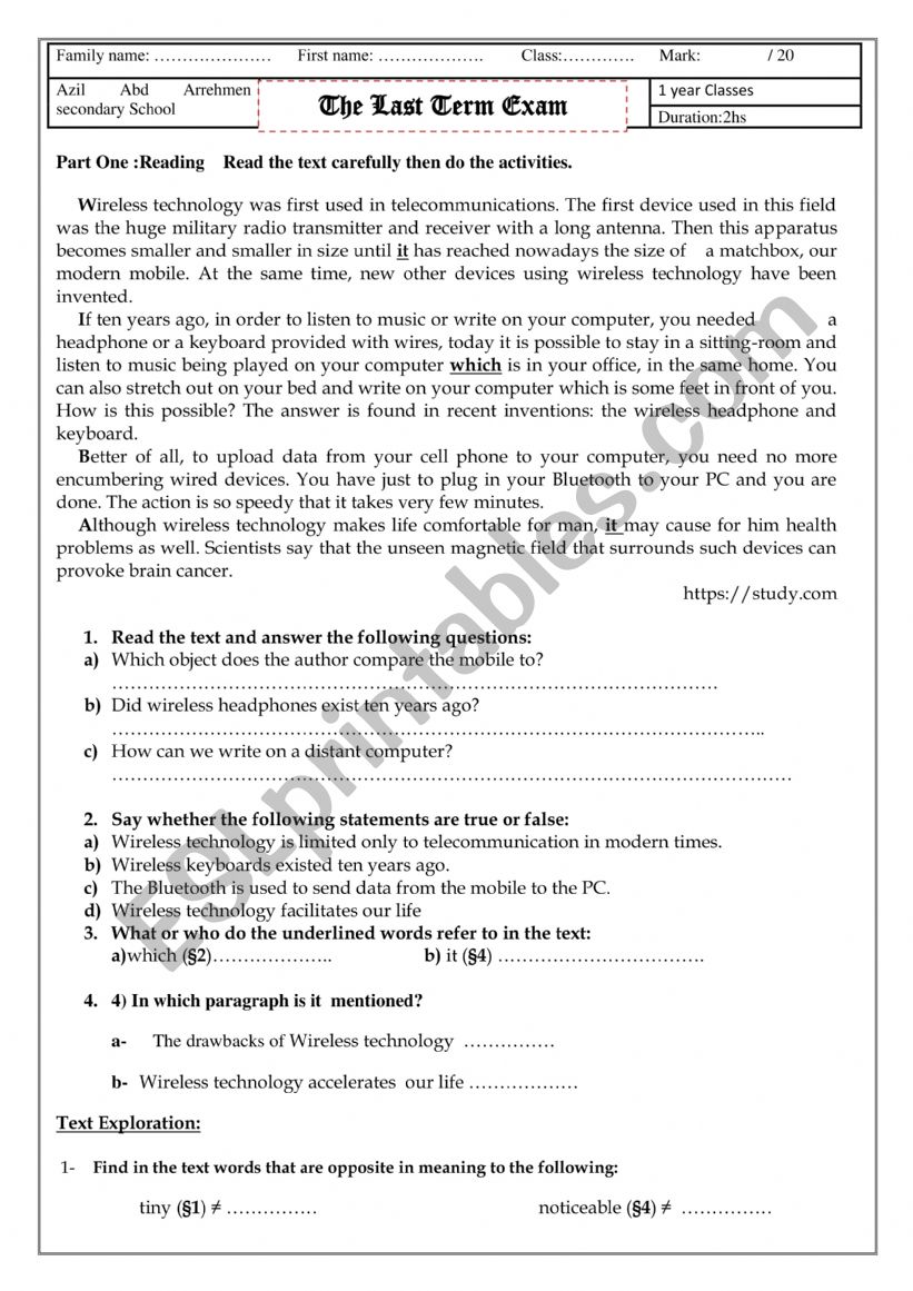 Wireless technology exam worksheet