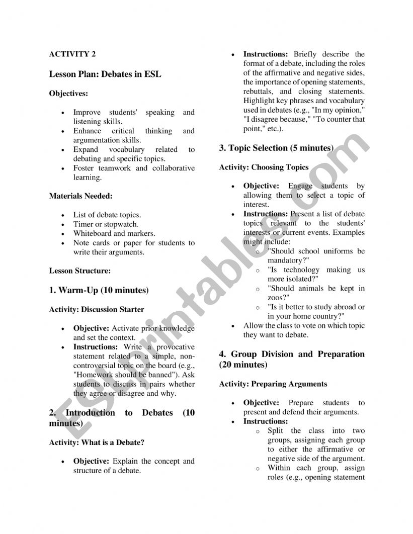 Debates worksheet