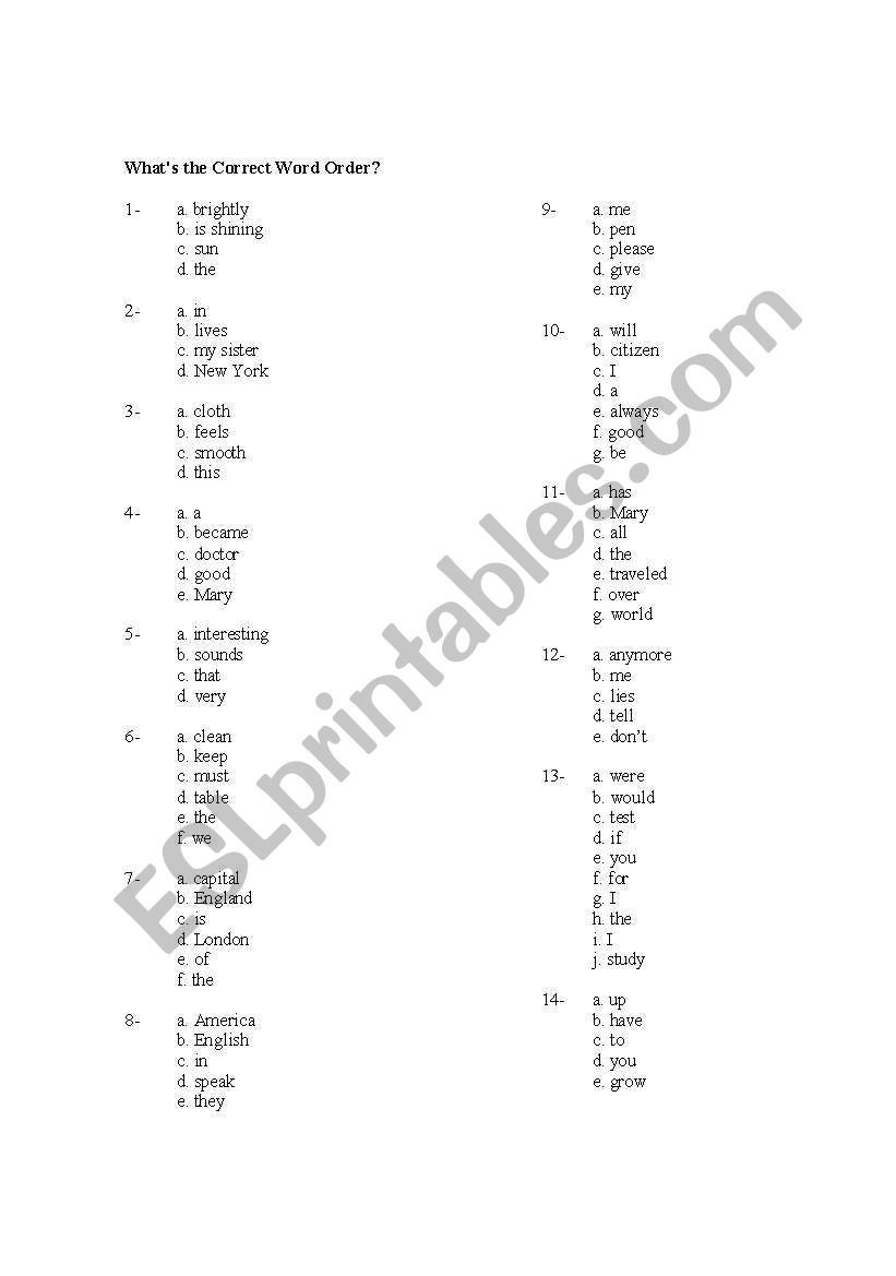Correct word order worksheet