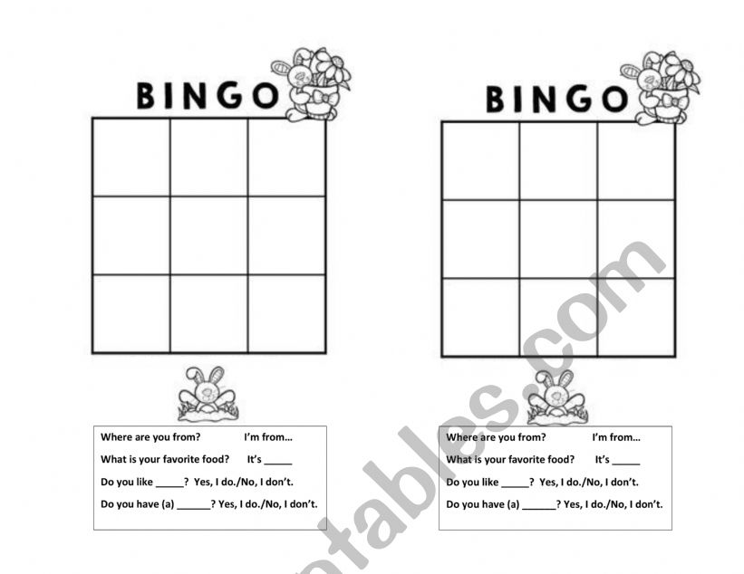 BIngo cards worksheet
