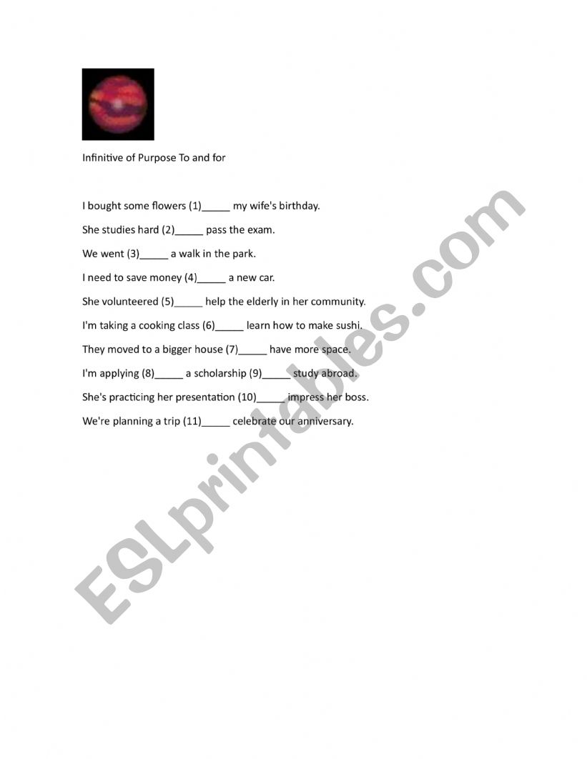 Infinitive of purpose worksheet