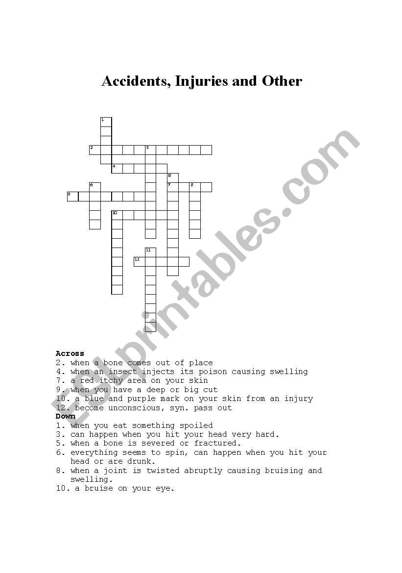 Accidents, injuries and Other worksheet