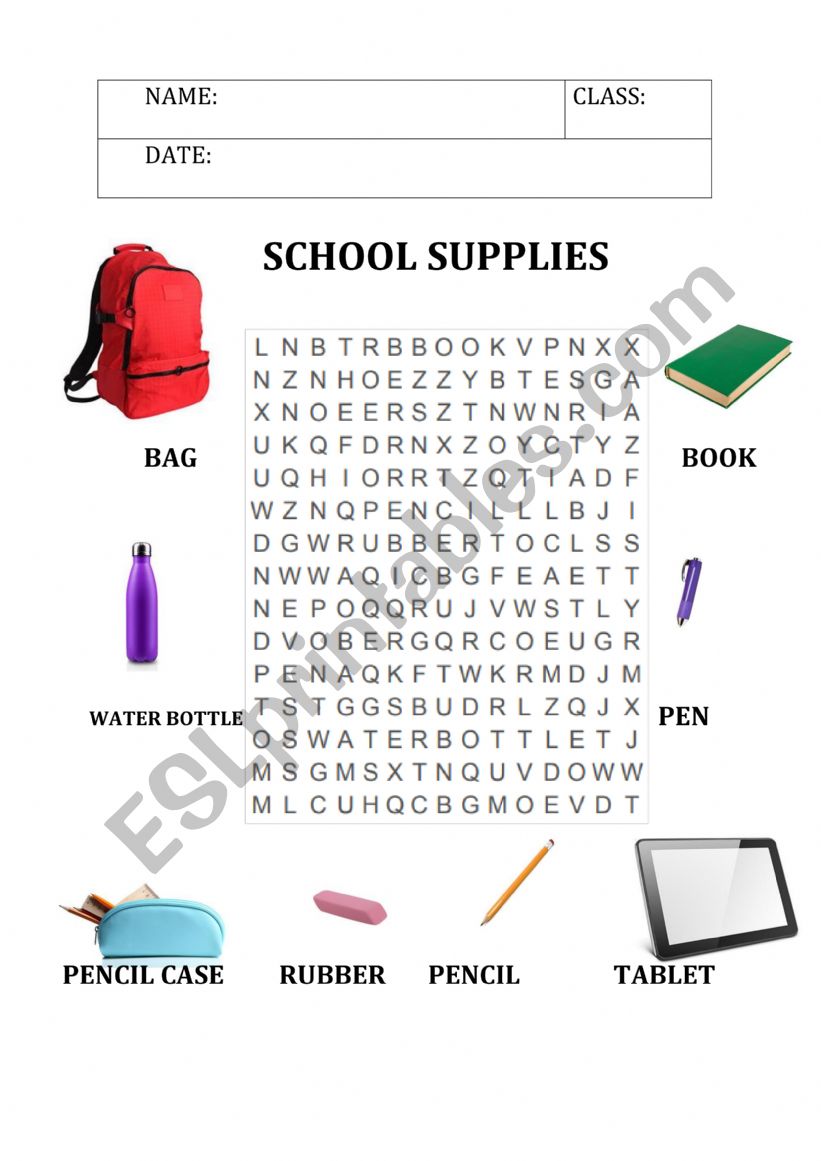 SCHOOLS SUPPLIES WORDSEARCH worksheet