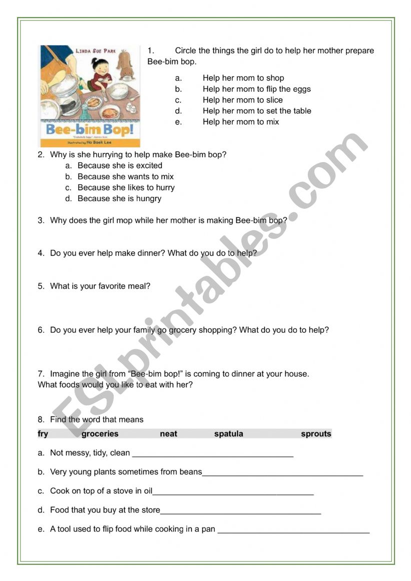 Beebimbop  by Linda Sue Park  worksheet