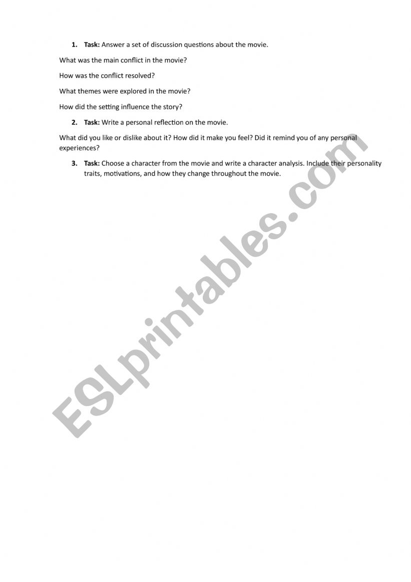 Task after watching a movie worksheet
