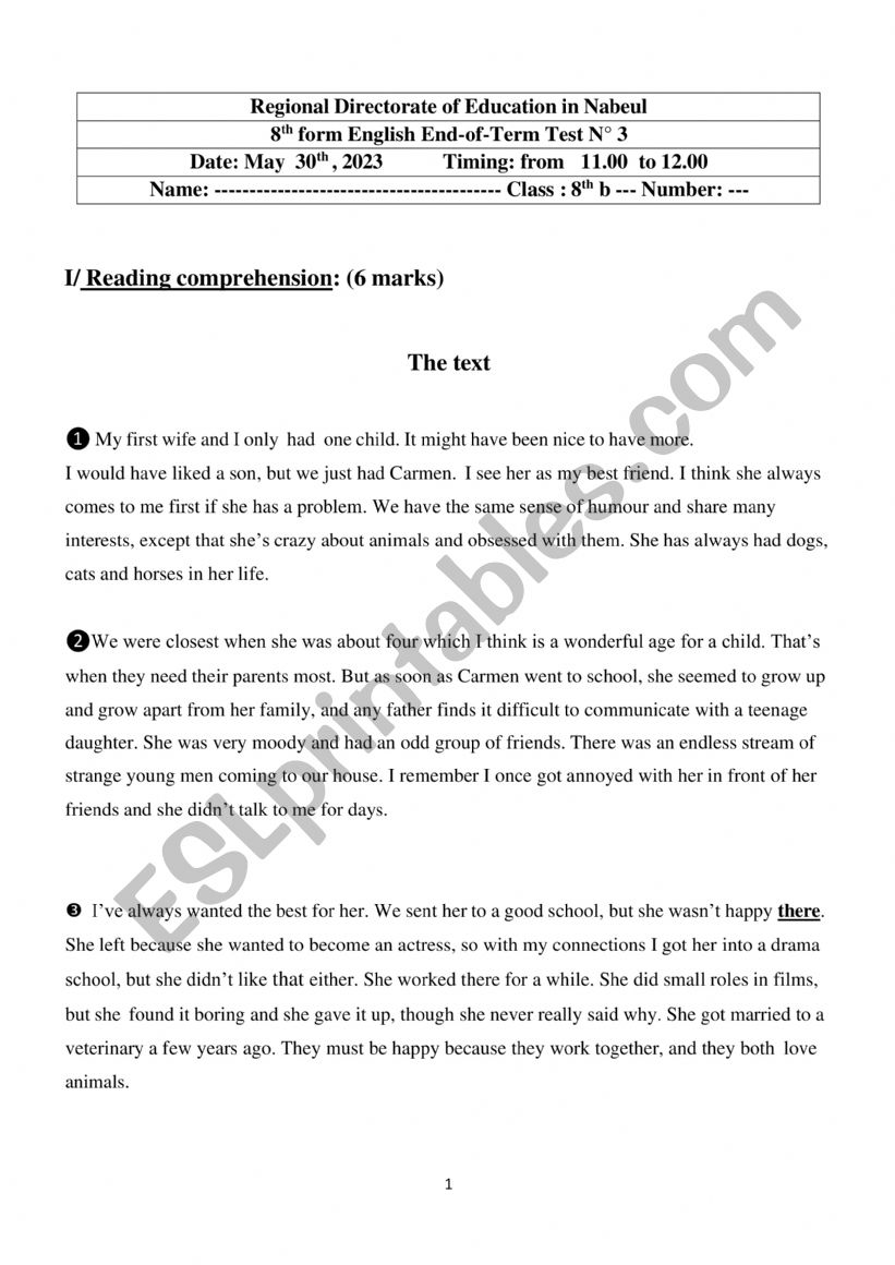End of term test 3 8th form Regional 