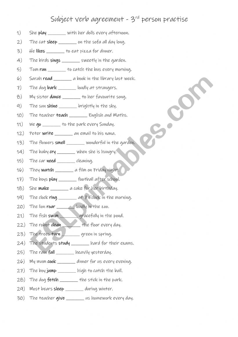 Subject verb agreement - 3rd person practise