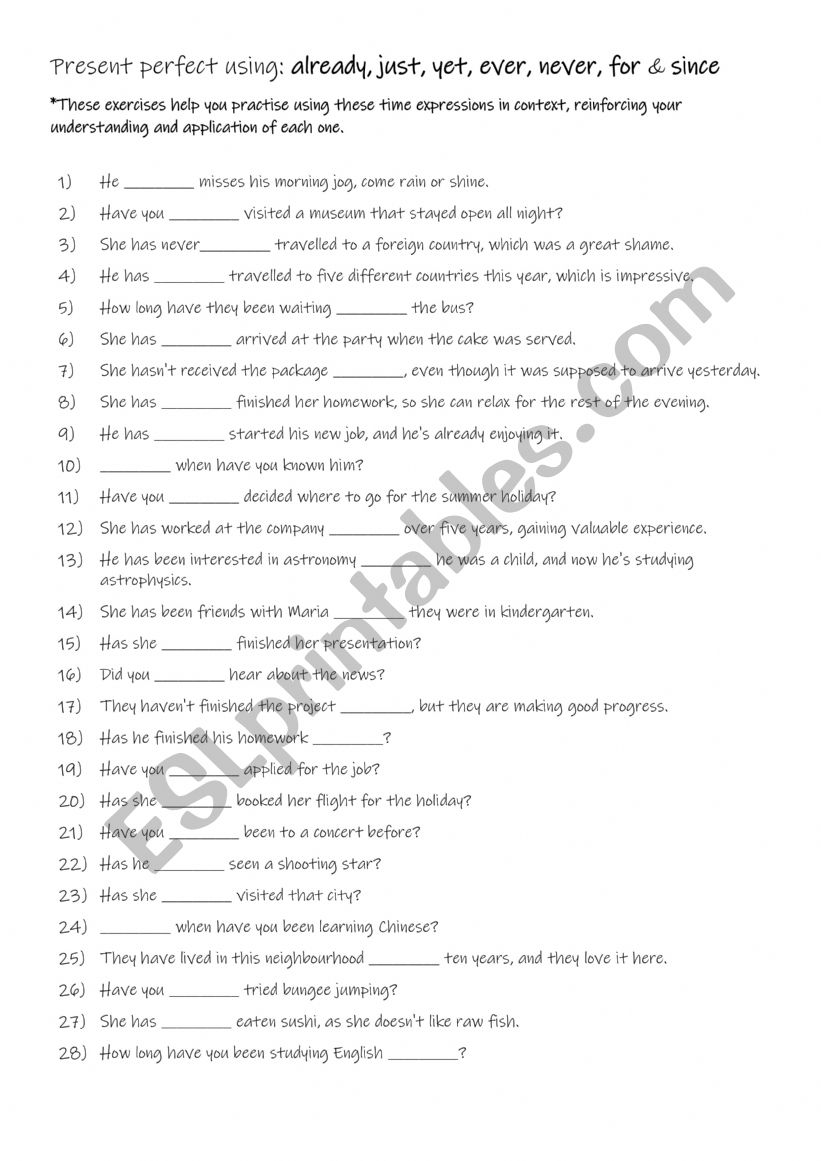 A2-B1 Present perfect using already, just, yet, ever, never, for & since