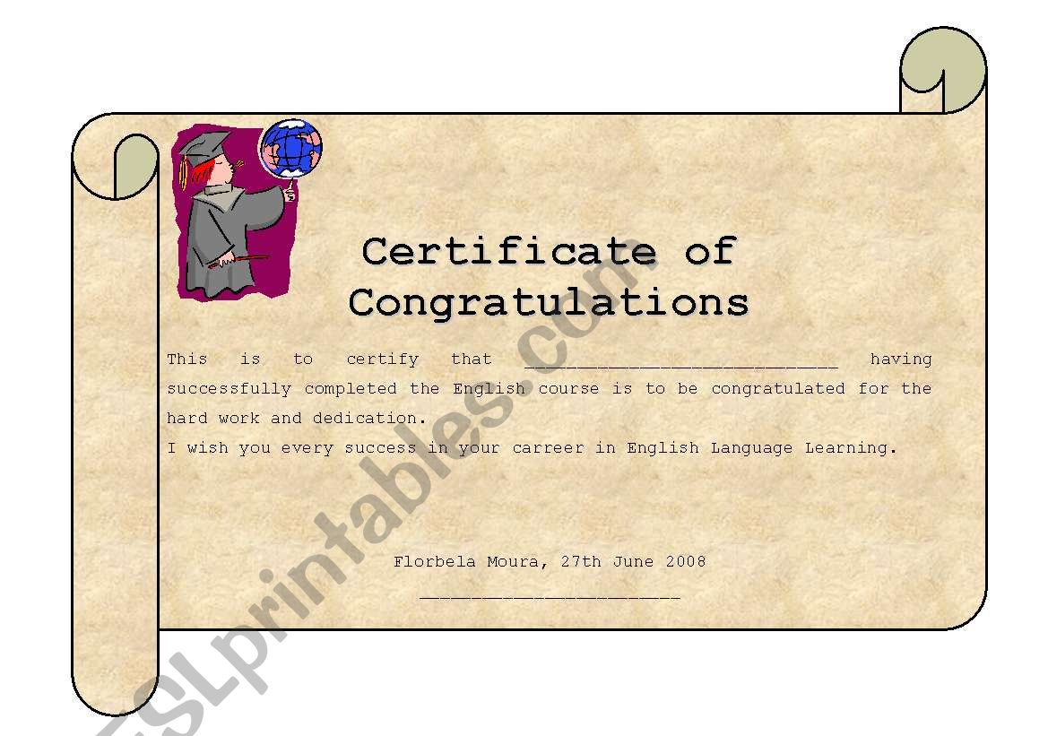 Certificate of congratulations