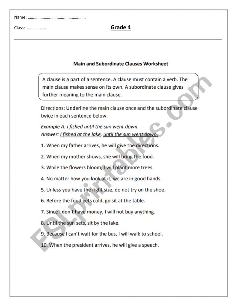 Main and Subordinate Clause worksheet
