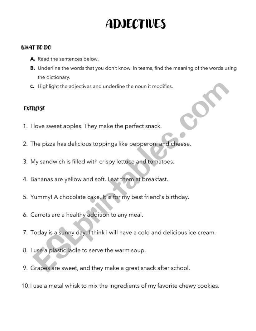 Food adjectives worksheet