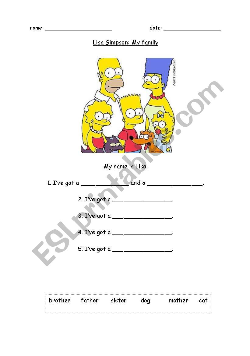 Lisa Simpsons family worksheet