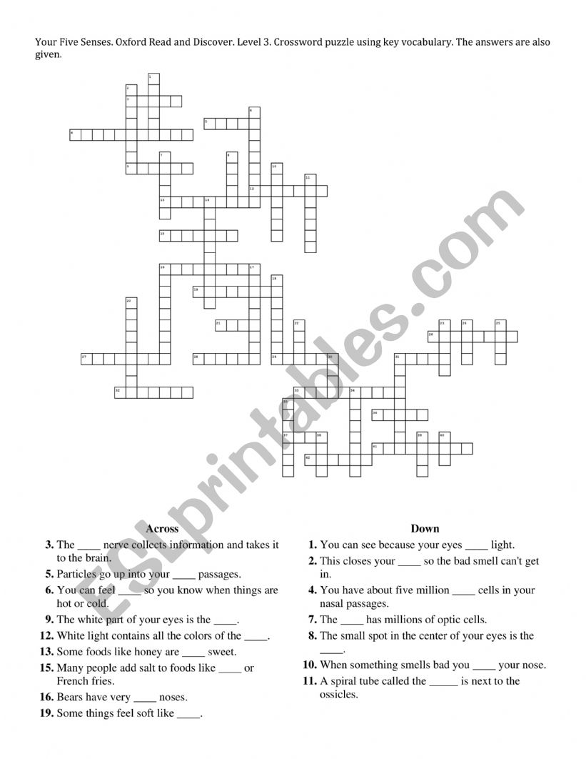 Your Five Senses. Oxford Read and Discover. Level 3. Crossword puzzle using key vocabulary. The answers are also given. 
