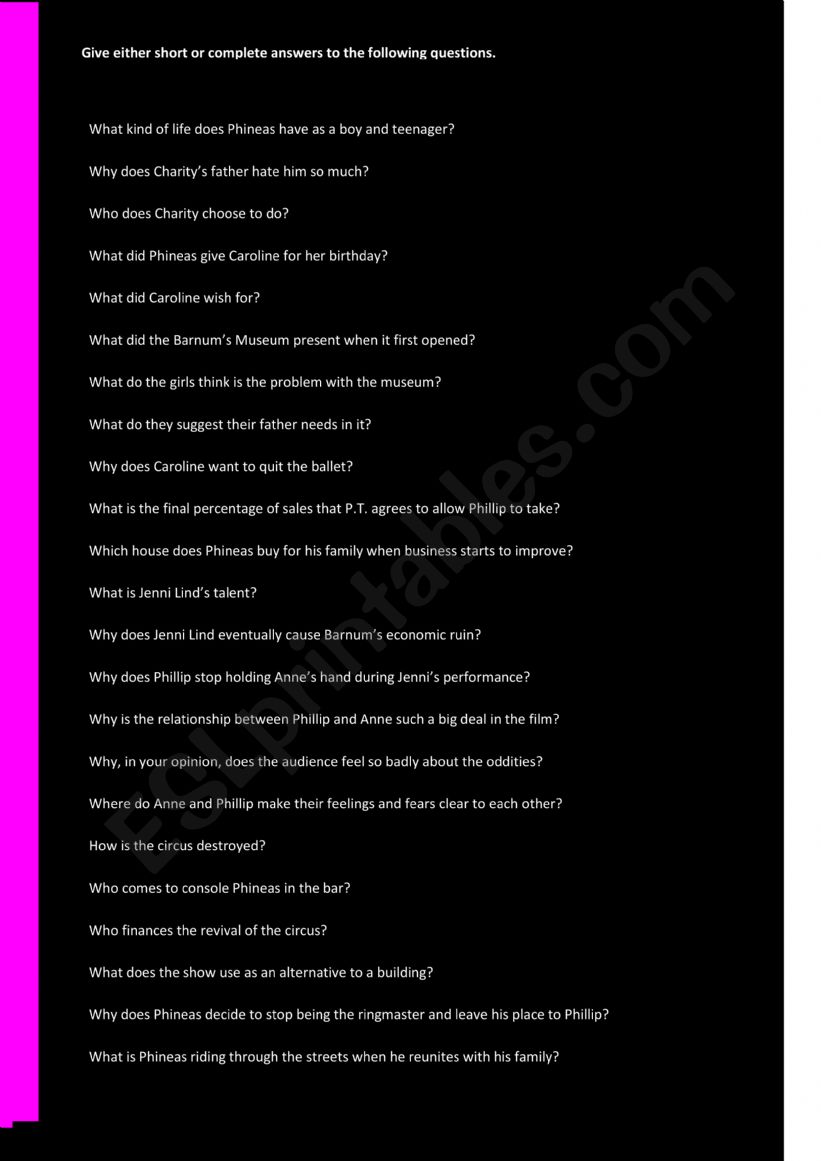 The Greatest Showman - Comprehension Questions -