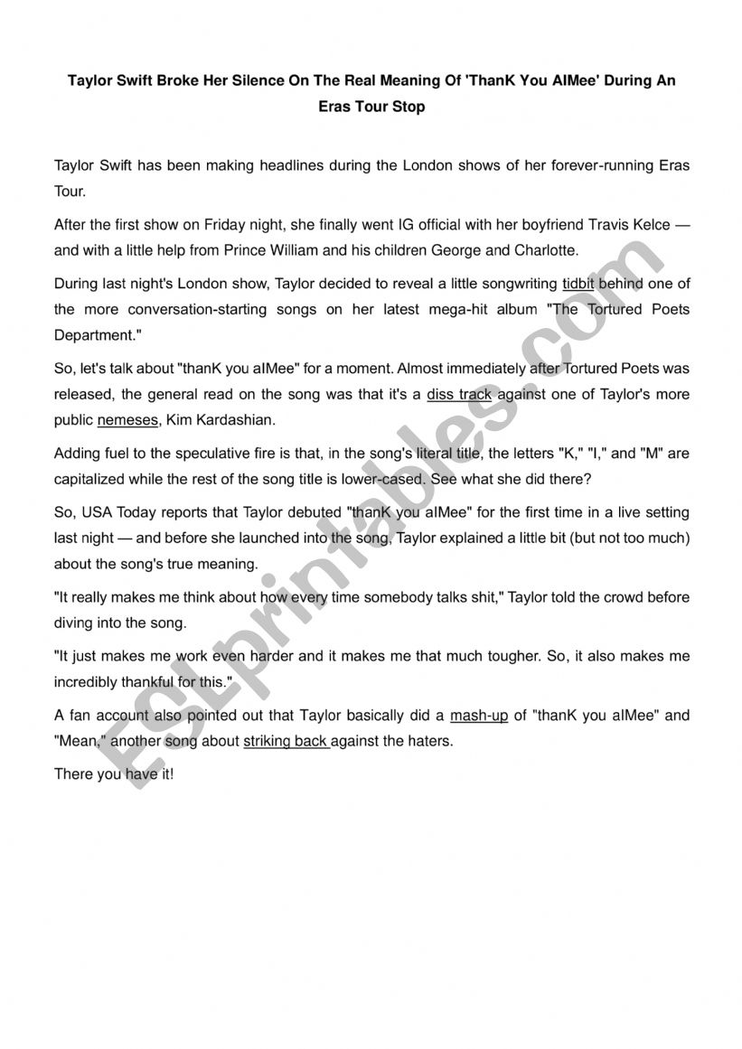 Taylor Swift worksheet