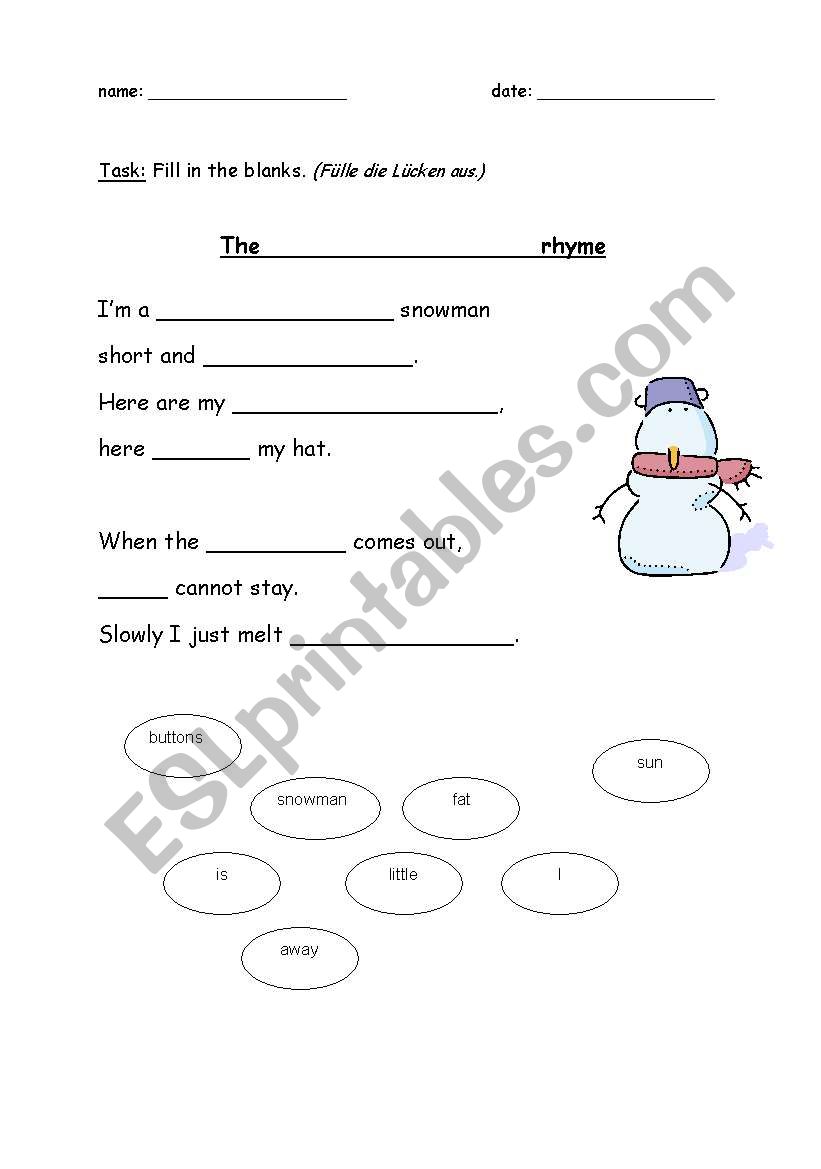 the snowman rhyme worksheet