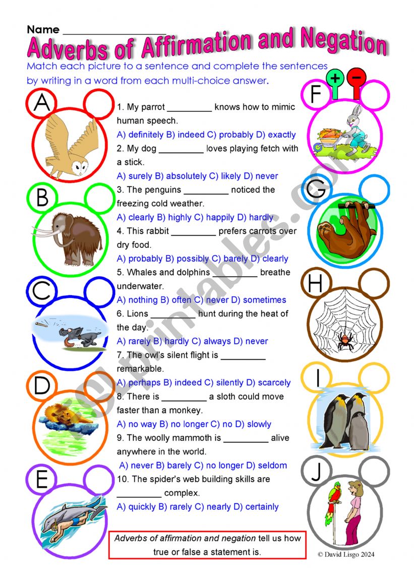 Adverbs of Affirmation and Negation 2 multi-choice worksheet with answer keys