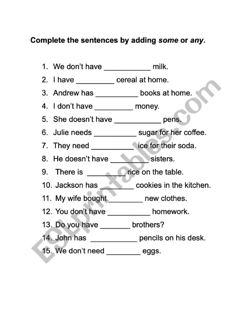 Some vs. Any worksheet Some vs. Any worksheet