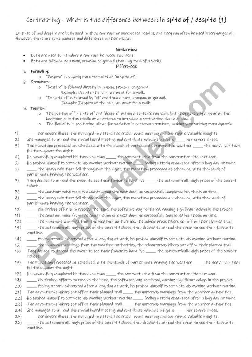 B1+-C1 Contrasting - What is the difference between in spite of  despite 