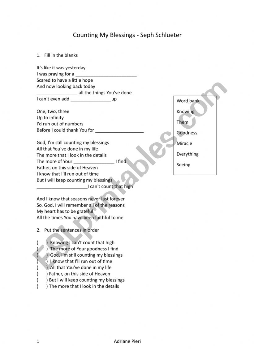 Counting My Blessings worksheet