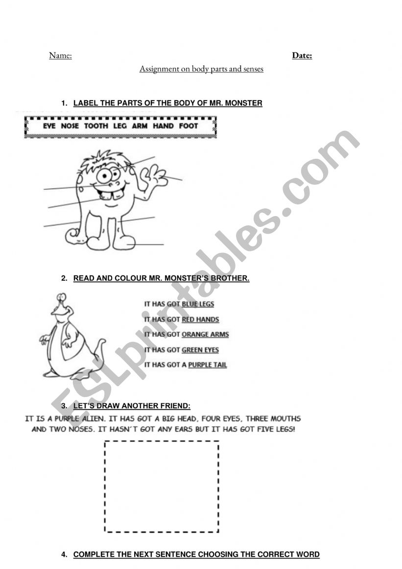 Body parts and senses worksheet