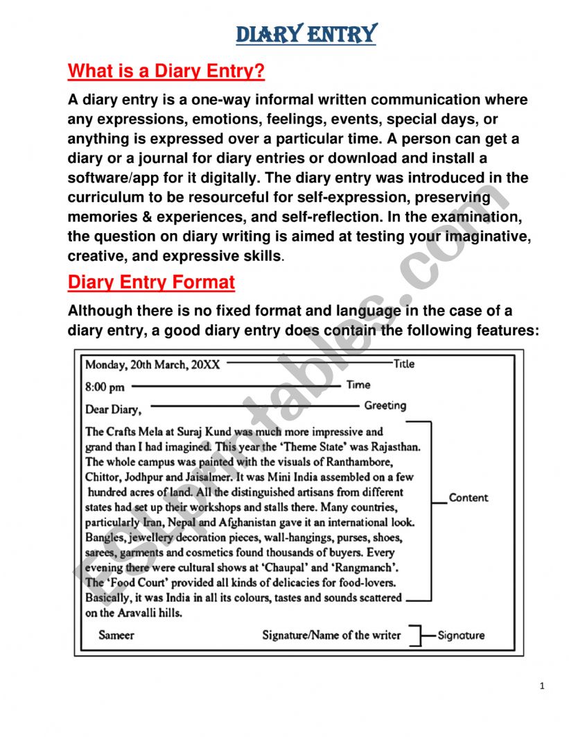 diary entry worksheet