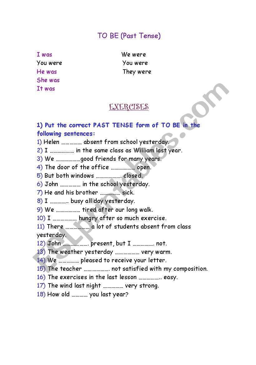 Past tense to be worksheet