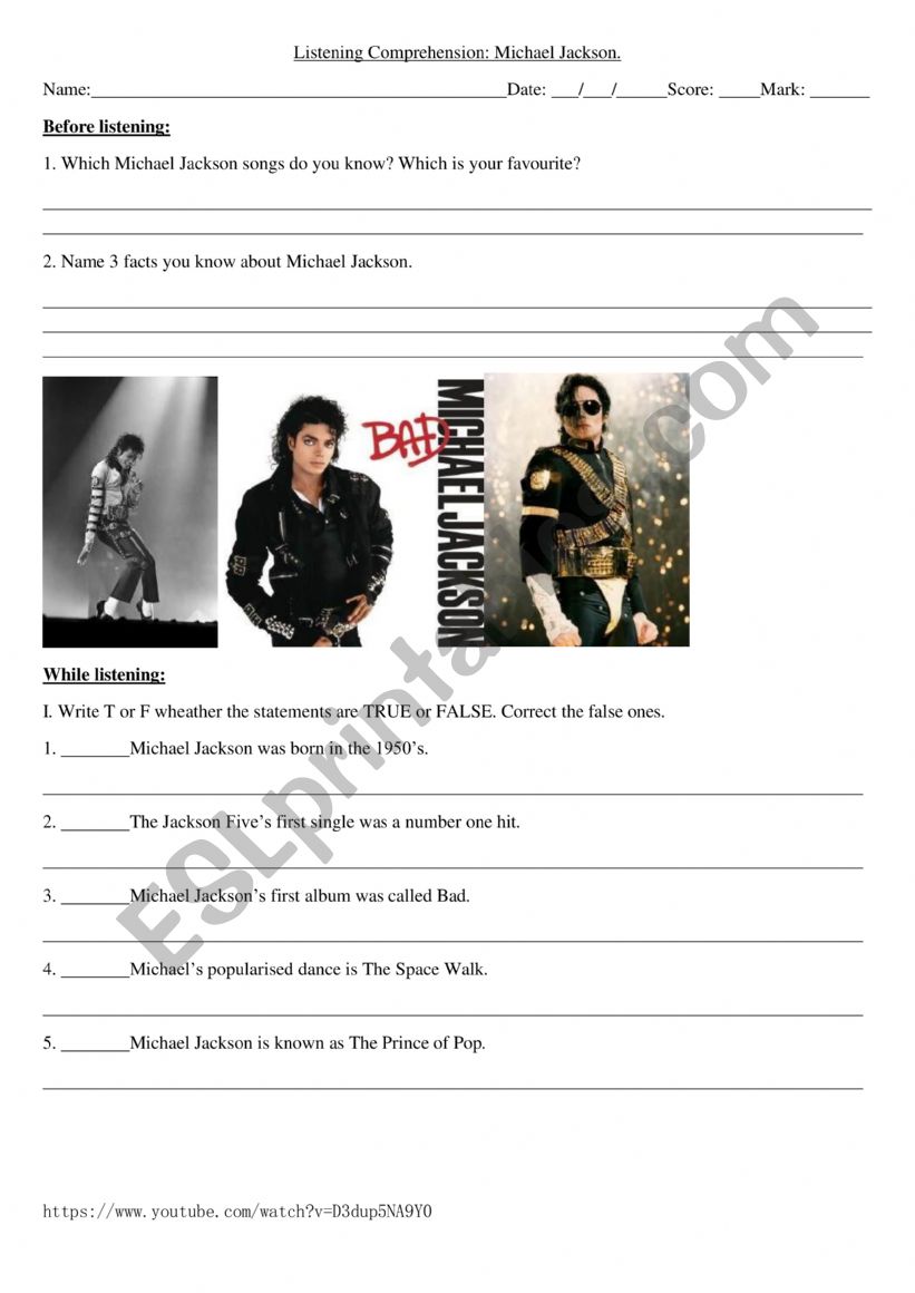 Listening comprehension Michael Jackson