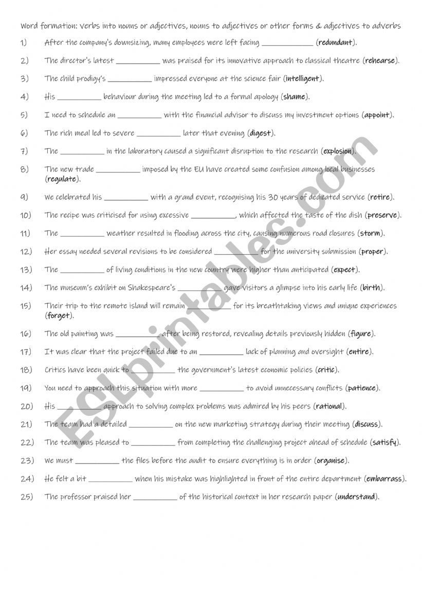 B1-B2  Word formation verbs into nouns or adjectives, nouns to adjectives or other forms & adjectives to adverbs