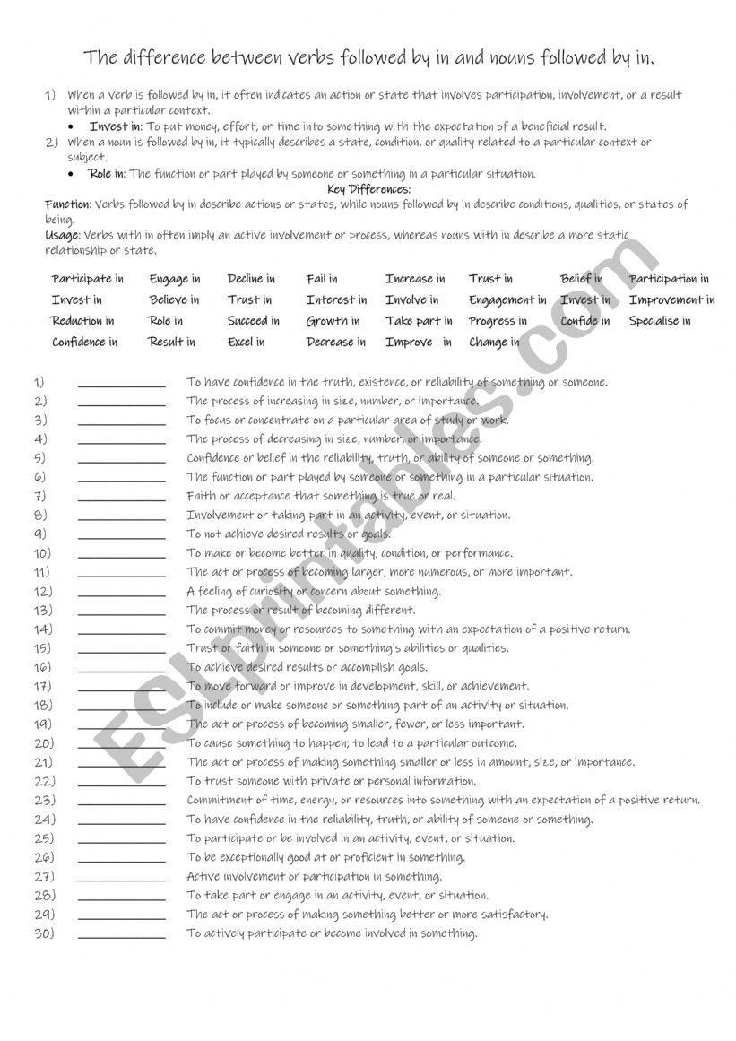 The difference between verbs followed by in and nouns followed by in. B1+-B2