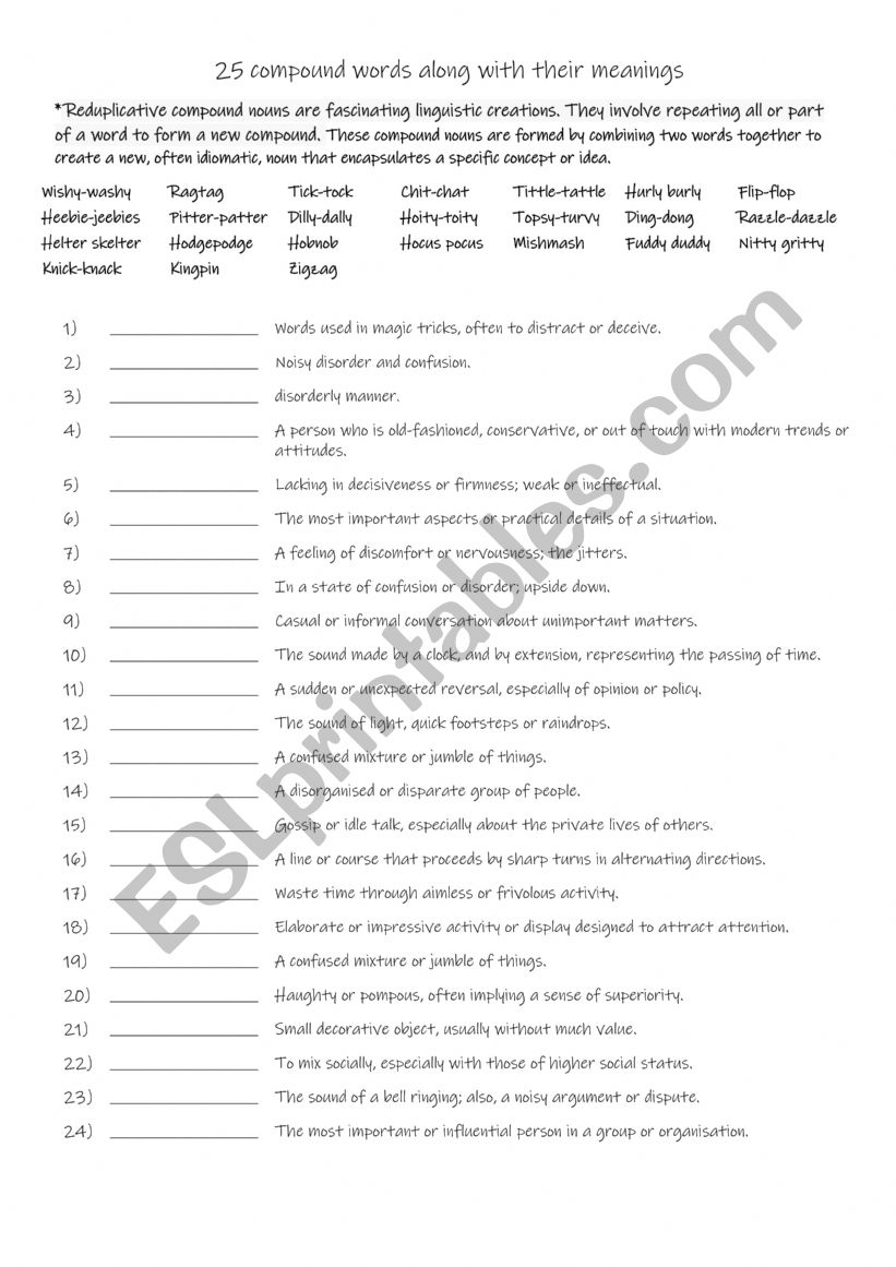 B2-C1 25 reduplicative compound words along with their meanings