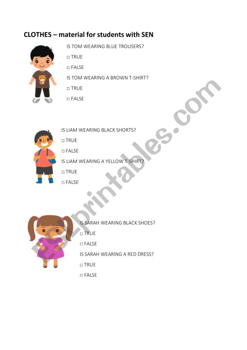 Clothes_TRUE or FALSE worksheet