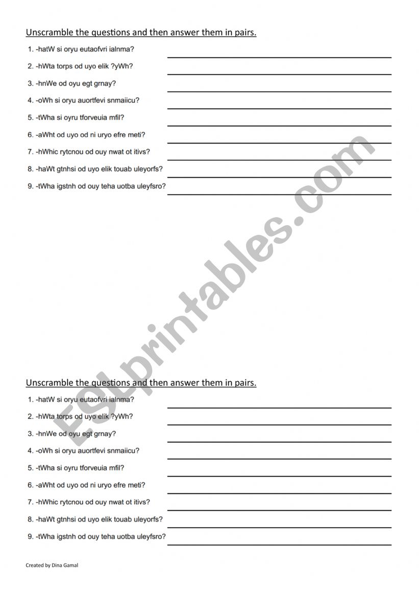 Question Scramble worksheet