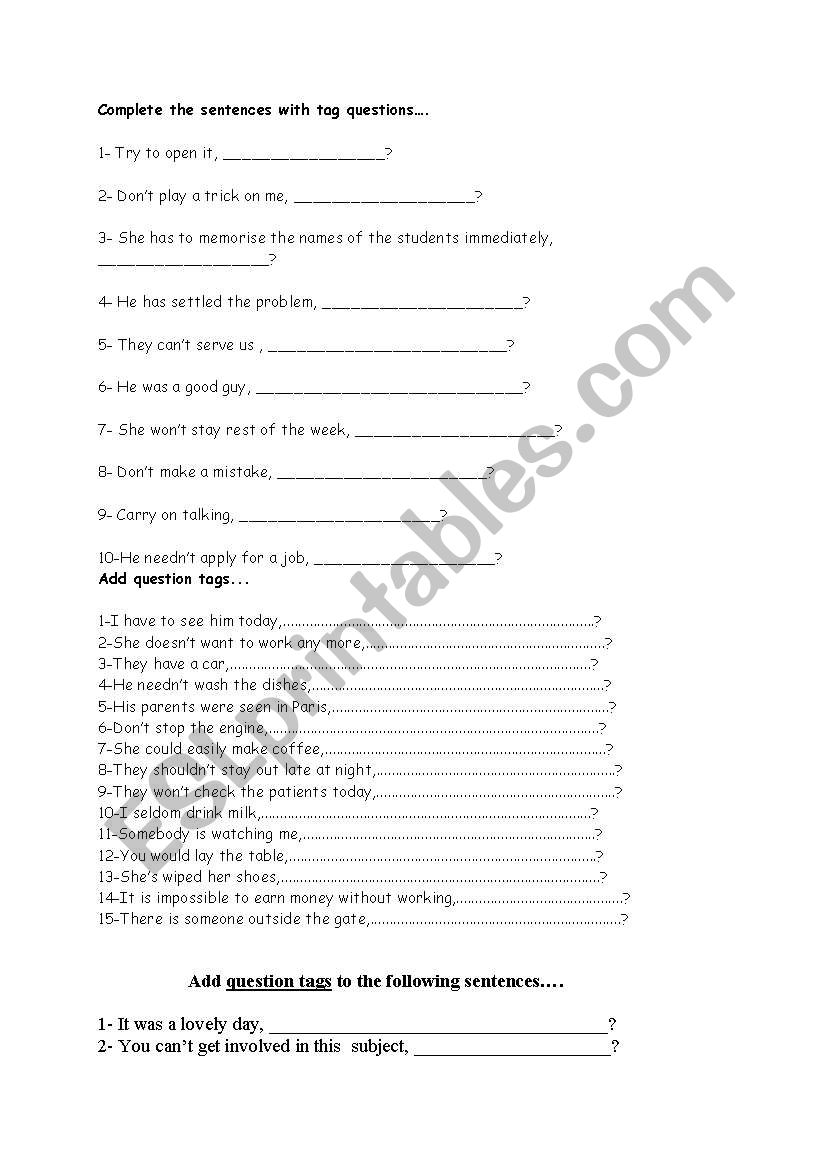 tag questions worksheet