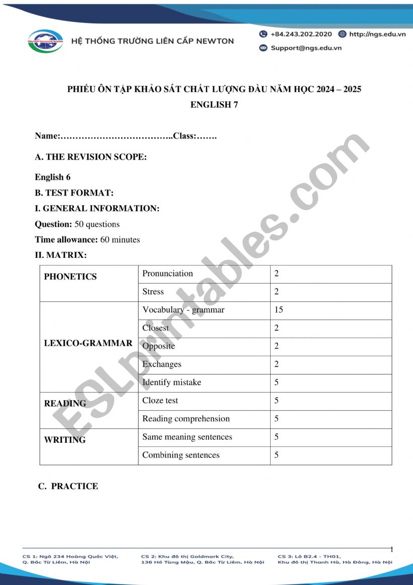 Revision Test for Grade 7 worksheet