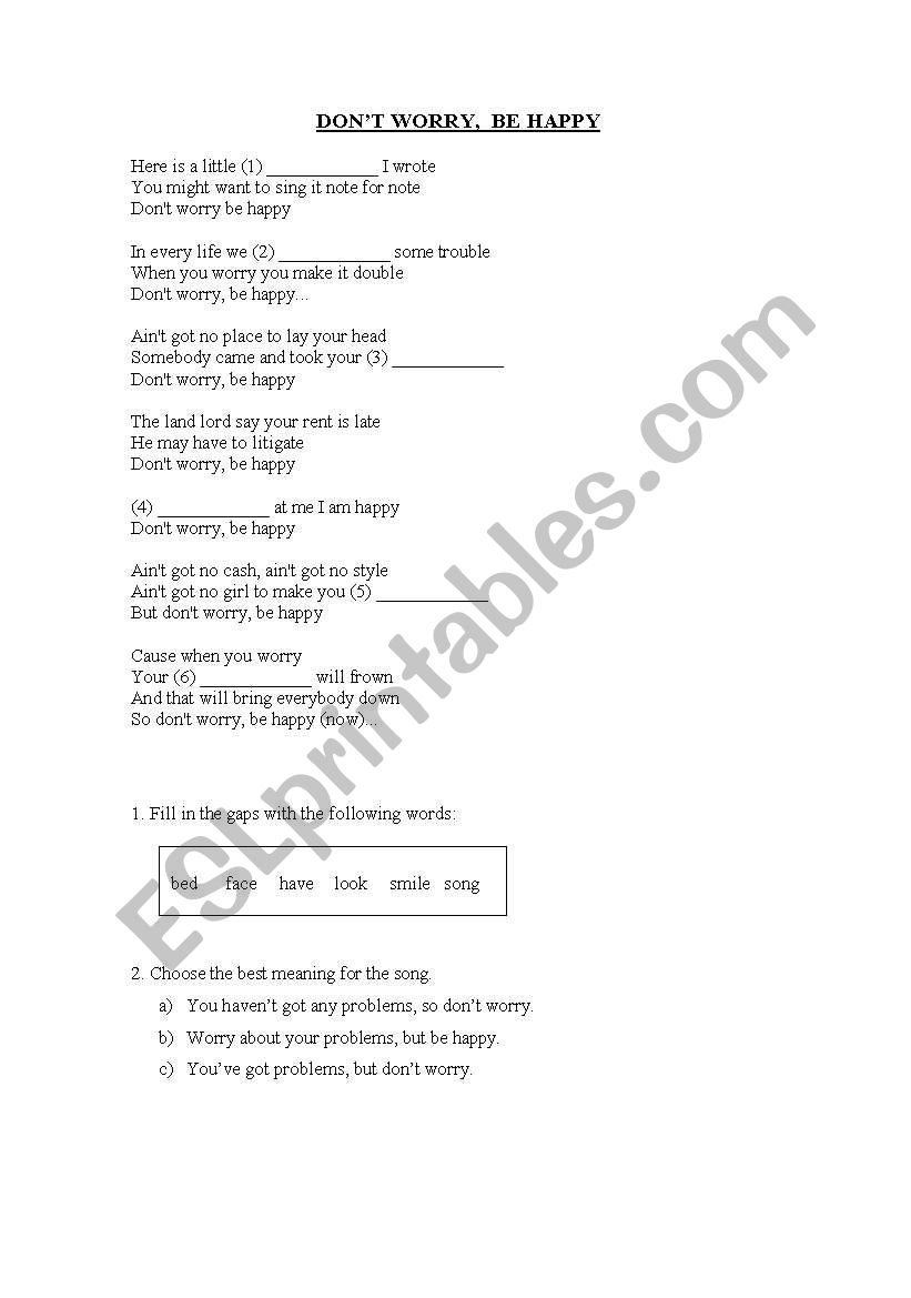 dont worry, be happy song worksheet