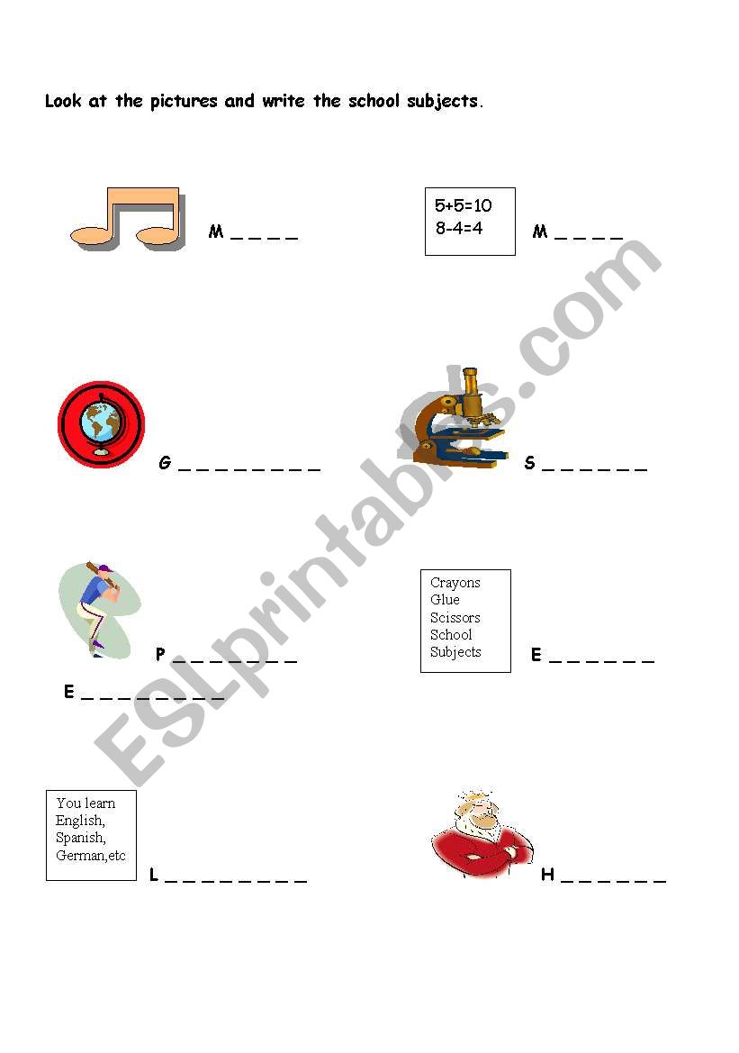 school subjects worksheet