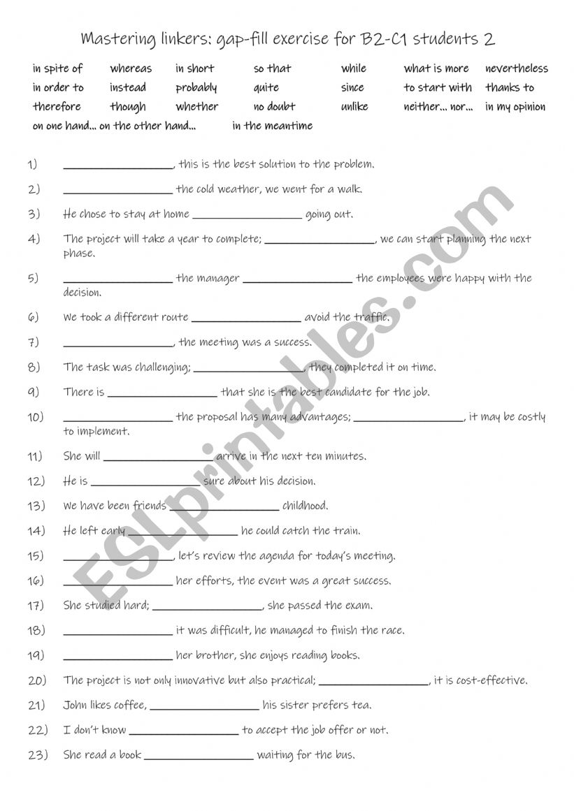 Mastering 23 different linkers gap-fill exercise for B2-C1 students 