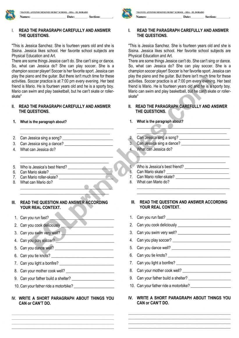 MODAL CAN / CAN�T worksheet