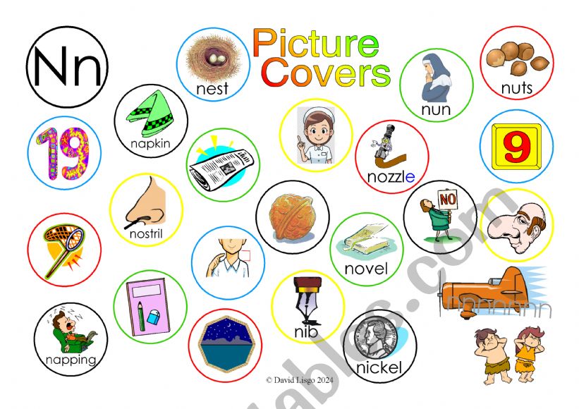 Nn Picture Covers: An exercise in phonics with answer key and cumulative notes.