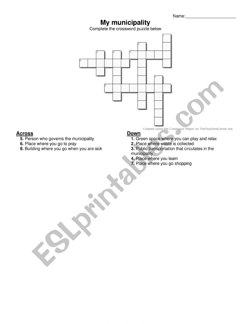 crossword my municipality worksheet