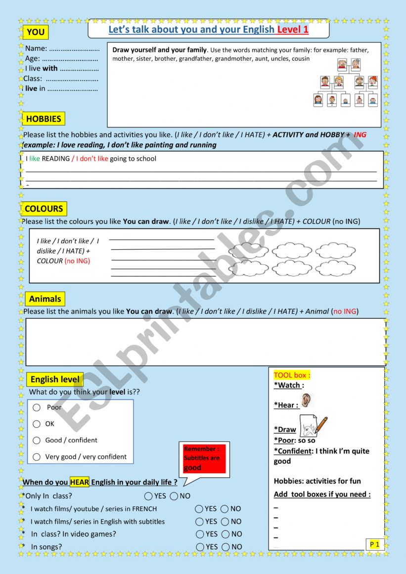 Introductions for back to scool first class , level 1 and 2 - 8-13 ans