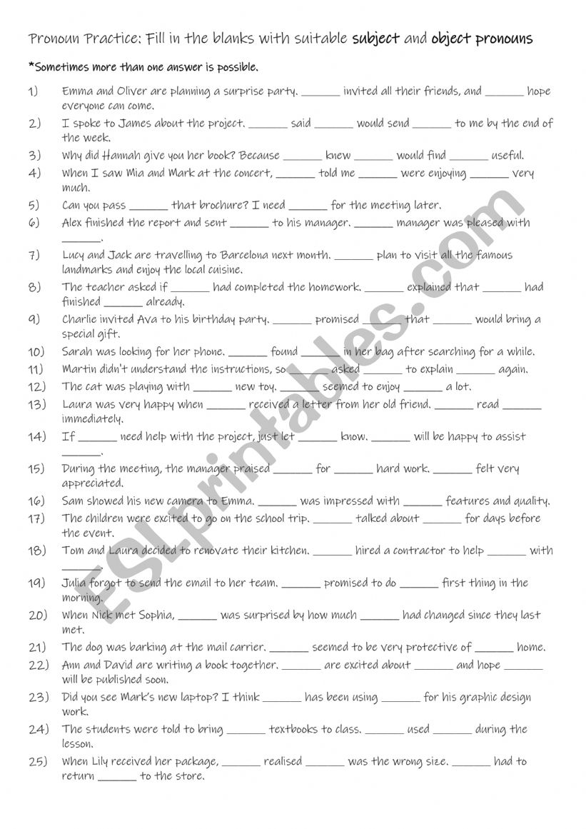 A2-B1 Complete the sentences with the correct personal subject & object pronouns