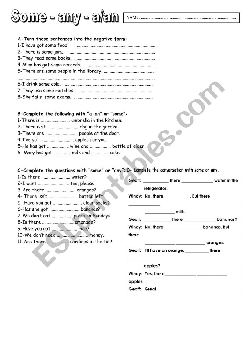 ESL some/any worksheet ESL some/any worksheet