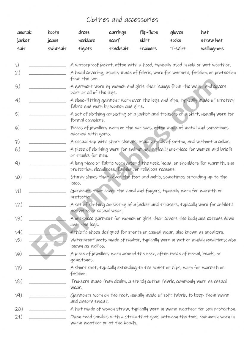 A2-B1 Clothes and accessories worksheet