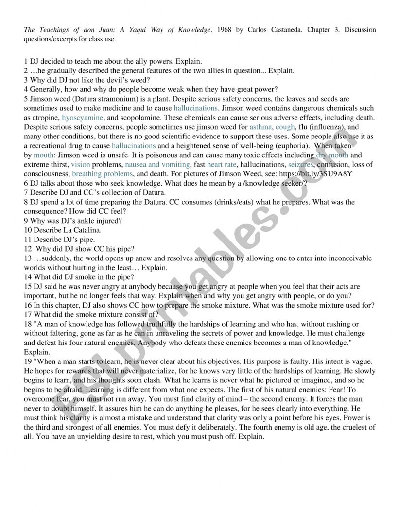 The Teachings of don Juan: A Yaqui Way of Knowledge. 1968 by Carlos Castaneda. Chapter 3. Discussion questions/excerpts for class use. 
