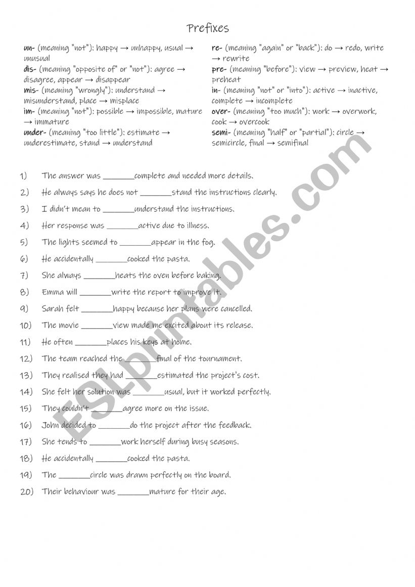 A2-B1  Prefixes with meanings & gap-fill practise