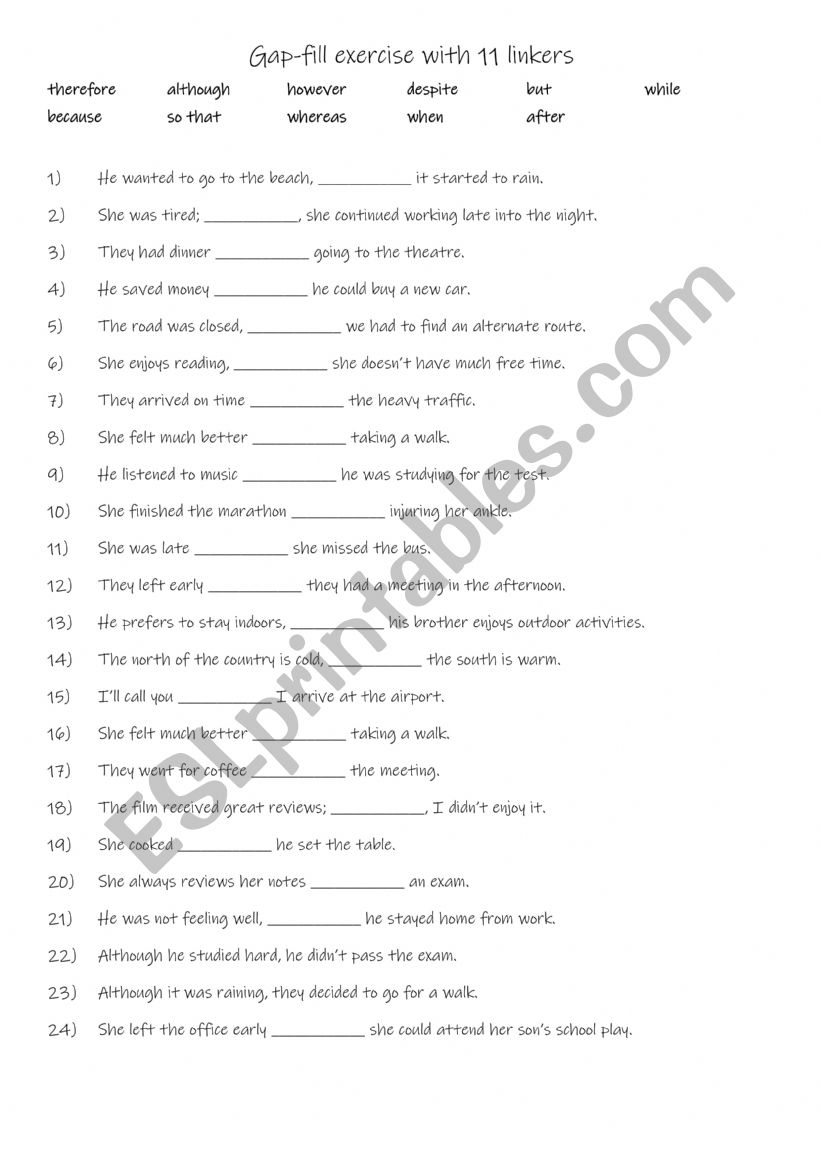B1  11 Linkers practise with 24 sentences